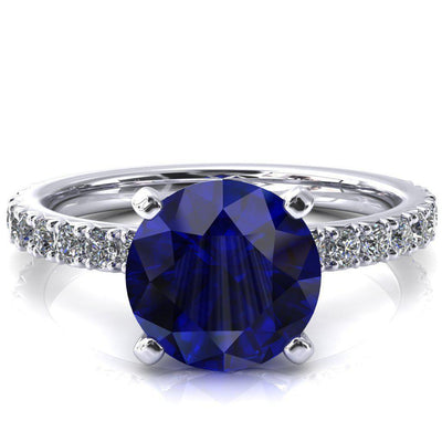 Nefili Round Blue Sapphire 4 Prong 3/4 Eternity Diamond French Pave Engagement Ring-FIRE & BRILLIANCE
