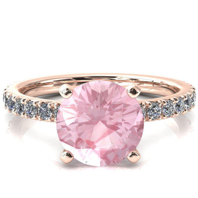 Nefili Round Pink Sapphire 4 Prong 3/4 Eternity Diamond French Pave Engagement Ring-FIRE & BRILLIANCE