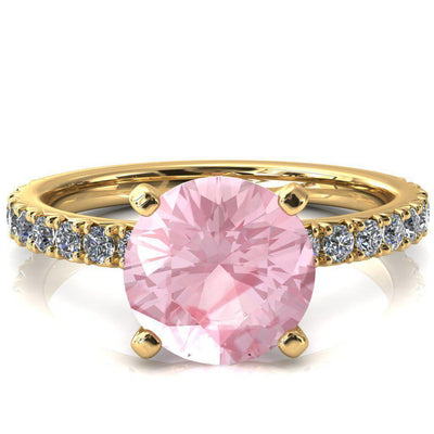 Nefili Round Pink Sapphire 4 Prong 3/4 Eternity Diamond French Pave Engagement Ring-FIRE & BRILLIANCE