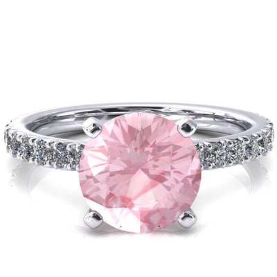 Nefili Round Pink Sapphire 4 Prong 3/4 Eternity Diamond French Pave Engagement Ring-FIRE & BRILLIANCE