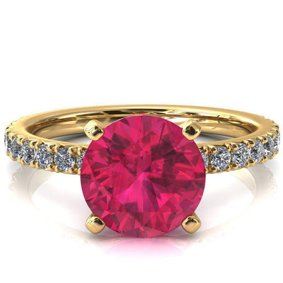 Nefili Round Ruby 4 Prong 3/4 Eternity Diamond French Pave Engagement Ring-FIRE & BRILLIANCE