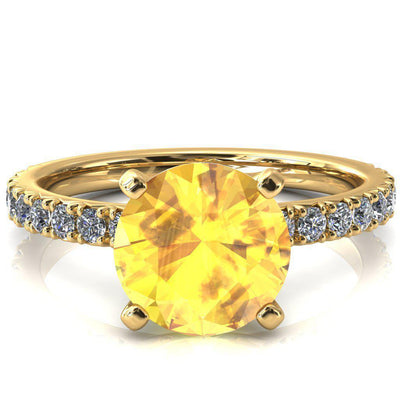 Nefili Round Yellow Sapphire 4 Prong 3/4 Eternity Diamond French Pave Engagement Ring-FIRE & BRILLIANCE