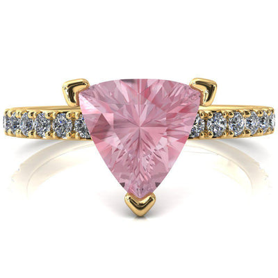 Nefili Trillion Pink Sapphire 3 Prong 3/4 Eternity Diamond French Pave Engagement Ring-FIRE & BRILLIANCE