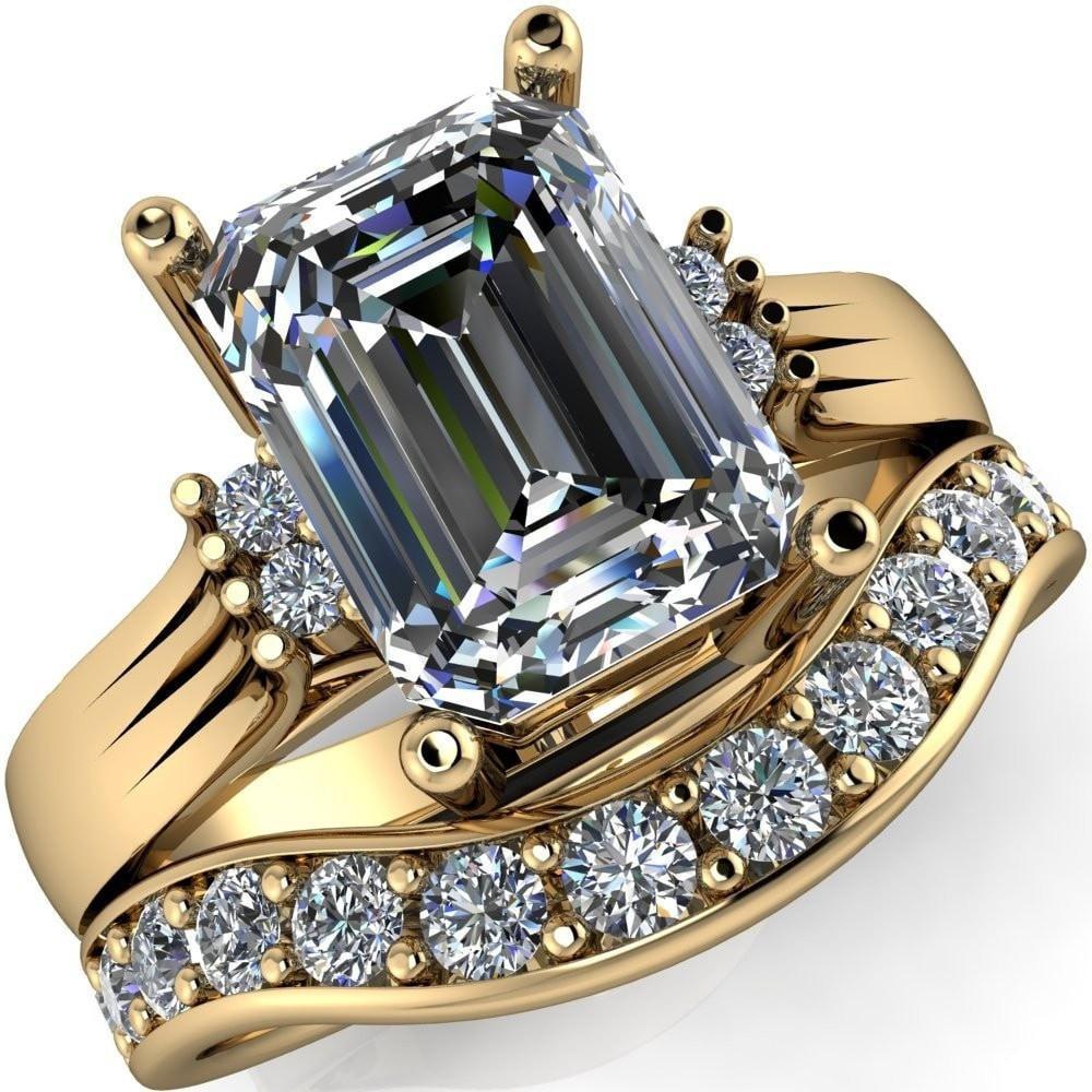 Nicolina Emerald Moissanite 4 Prong Under Bezel Set Cathedral Engagement Ring-Custom-Made Jewelry-Fire & Brilliance ®