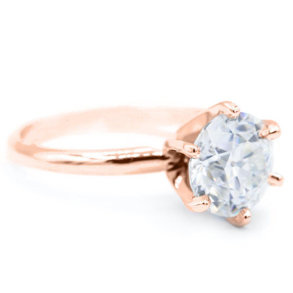 Old European Cut (OEC) Round Moissanite 14K Rose Gold 6 Prongs Solitaire Ring-Solitaire Ring-Fire & Brilliance ®