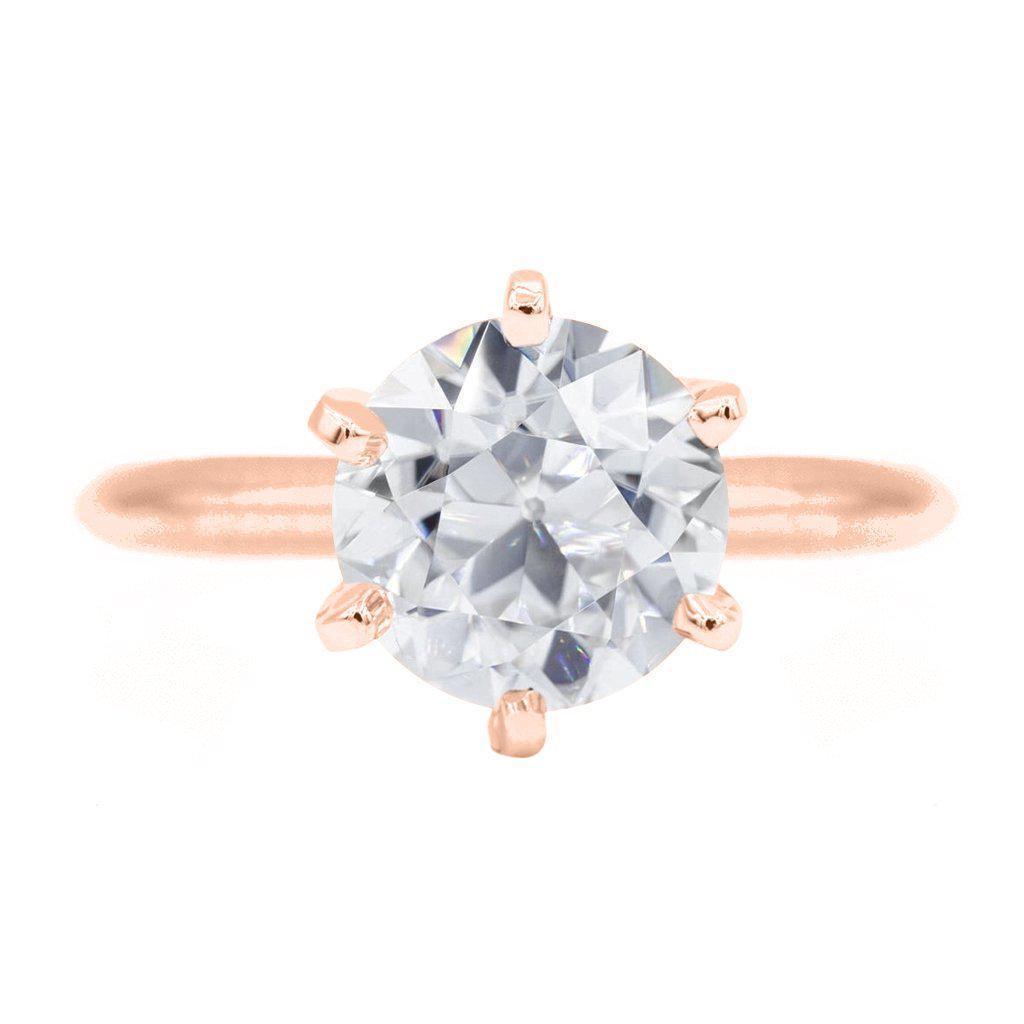 Old European Cut (OEC) Round Moissanite 14K Rose Gold 6 Prongs Solitaire Ring-Solitaire Ring-Fire & Brilliance ®