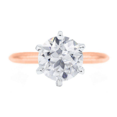 Old European Cut (OEC) Round Moissanite 14K or 18K Two-Tone Rose Gold Band and White Gold 6 Prongs Solitaire Ring-Solitaire Ring-Fire & Brilliance ®