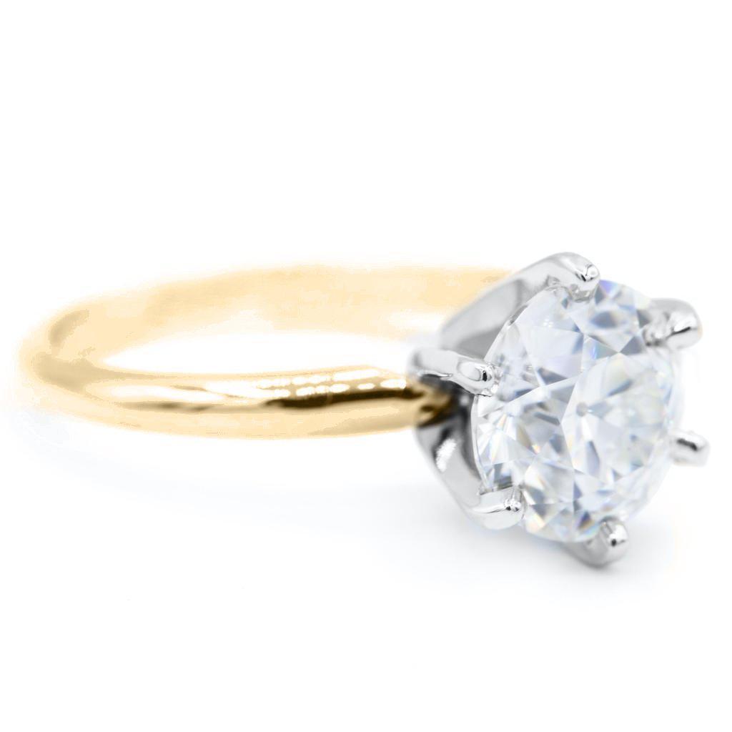 Old European Cut (OEC) Round Moissanite 14K or 18K Two-Tone Yellow Gold Band and White Gold 6 Prongs Solitaire Ring-Solitaire Ring-Fire & Brilliance ®