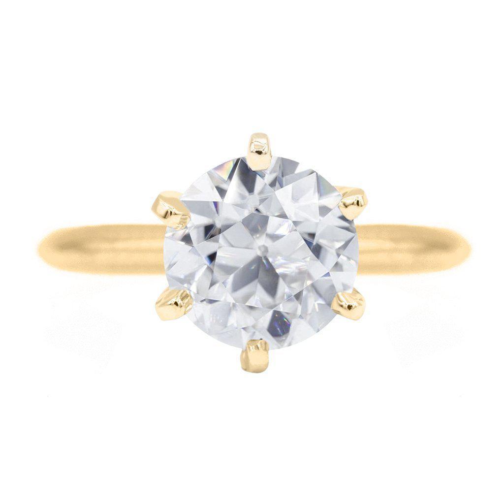 Old European Cut (OEC) Round Moissanite 14K or 18K Yellow Gold 6 Prongs Solitaire Ring-Solitaire Ring-Fire & Brilliance ®