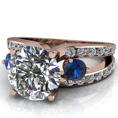 Orion Round Moissanite 2 Round Alexandrite Sides Split Shank Diamond Channel Set Ring-Custom-Made Jewelry-Fire & Brilliance ®