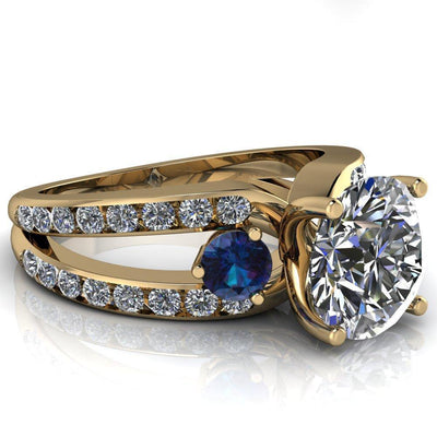 Orion Round Moissanite 2 Round Alexandrite Sides Split Shank Diamond Channel Set Ring-Custom-Made Jewelry-Fire & Brilliance ®