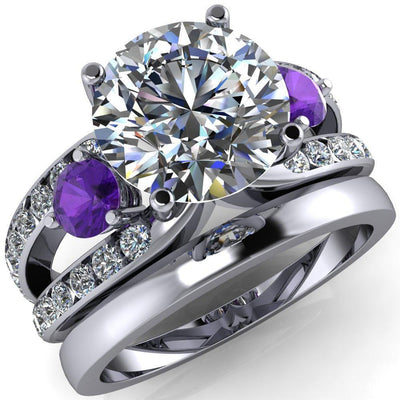 Orion Round Moissanite 2 Round Amethyst Sides Split Shank Diamond Channel Set Ring-Custom-Made Jewelry-Fire & Brilliance ®