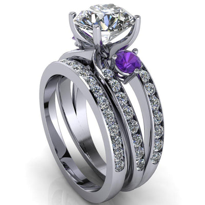 Orion Round Moissanite 2 Round Amethyst Sides Split Shank Diamond Channel Set Ring-Custom-Made Jewelry-Fire & Brilliance ®