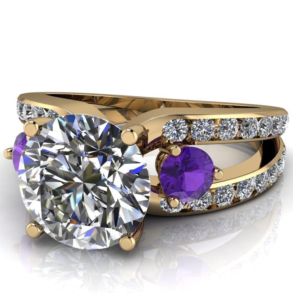 Orion Round Moissanite 2 Round Amethyst Sides Split Shank Diamond Channel Set Ring-Custom-Made Jewelry-Fire & Brilliance ®