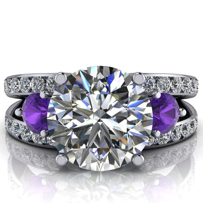 Orion Round Moissanite 2 Round Amethyst Sides Split Shank Diamond Channel Set Ring-Custom-Made Jewelry-Fire & Brilliance ®