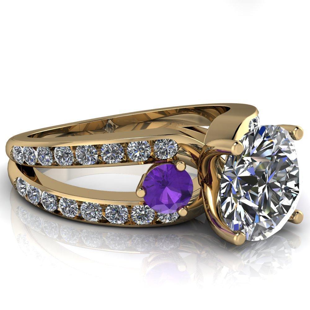 Orion Round Moissanite 2 Round Amethyst Sides Split Shank Diamond Channel Set Ring-Custom-Made Jewelry-Fire & Brilliance ®