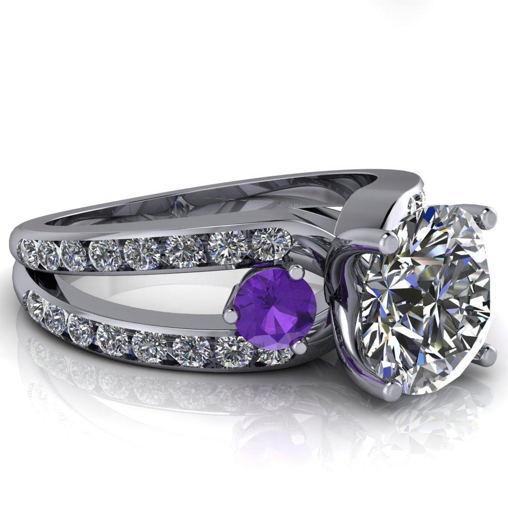 Orion Round Moissanite 2 Round Amethyst Sides Split Shank Diamond Channel Set Ring-Custom-Made Jewelry-Fire & Brilliance ®