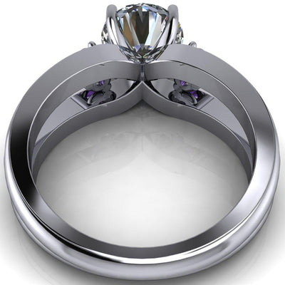 Orion Round Moissanite 2 Round Amethyst Sides Split Shank Diamond Channel Set Ring-Custom-Made Jewelry-Fire & Brilliance ®