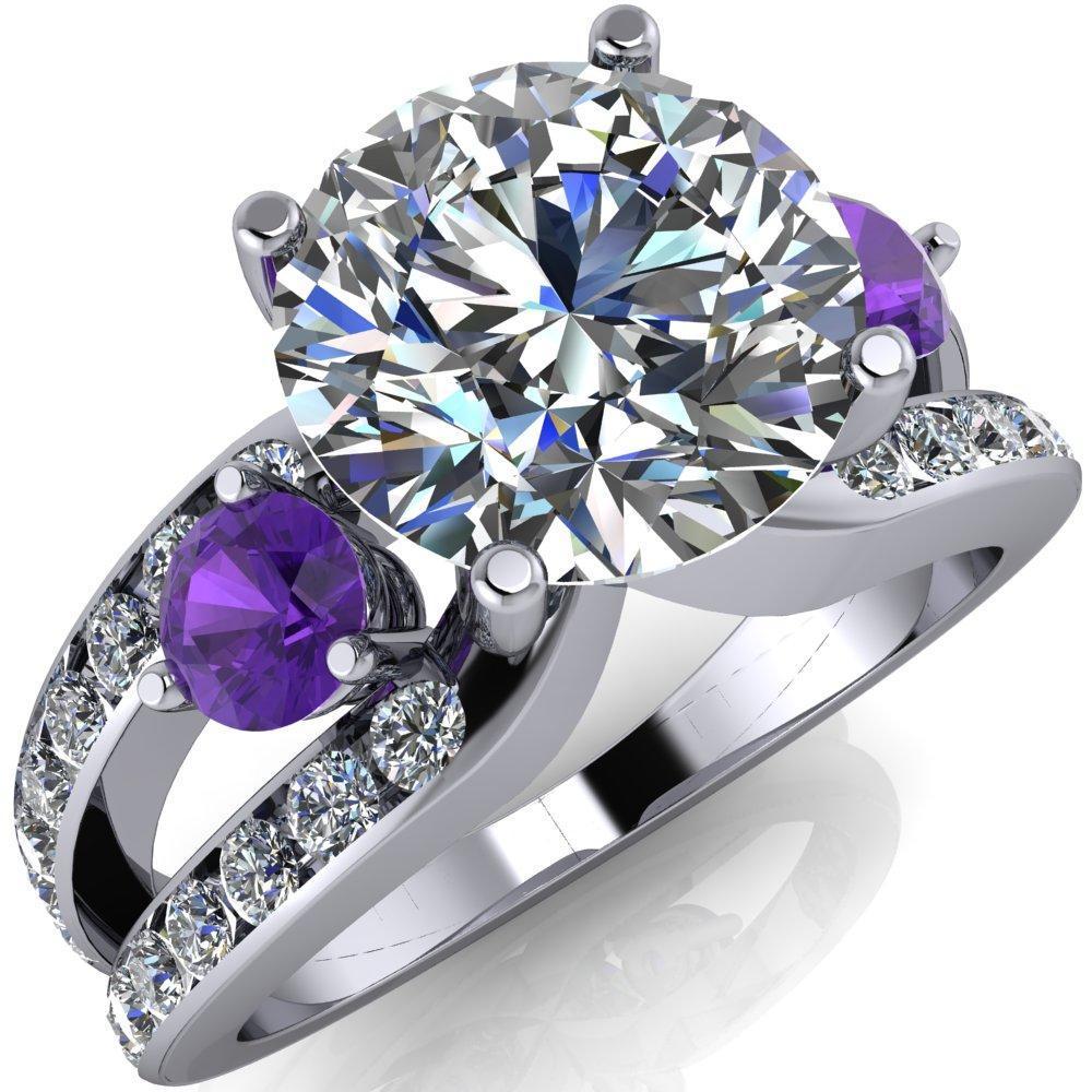 Orion Round Moissanite 2 Round Amethyst Sides Split Shank Diamond Channel Set Ring-Custom-Made Jewelry-Fire & Brilliance ®