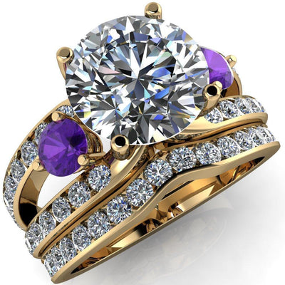 Orion Round Moissanite 2 Round Amethyst Sides Split Shank Diamond Channel Set Ring-Custom-Made Jewelry-Fire & Brilliance ®