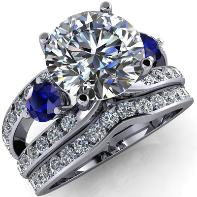 Orion Round Moissanite 2 Round Blue Sapphire Sides Split Shank Diamond Channel Set Ring-Custom-Made Jewelry-Fire & Brilliance ®