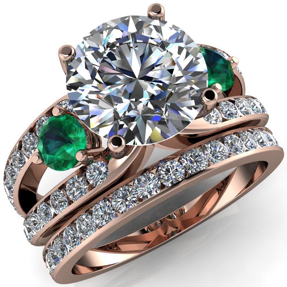 Orion Round Moissanite 2 Round Emerald Sides Split Shank Diamond Channel Set Ring-Custom-Made Jewelry-Fire & Brilliance ®