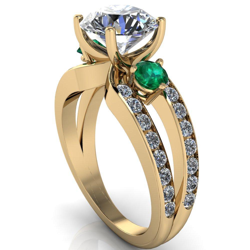 Orion Round Moissanite 2 Round Emerald Sides Split Shank Diamond Channel Set Ring-Custom-Made Jewelry-Fire & Brilliance ®