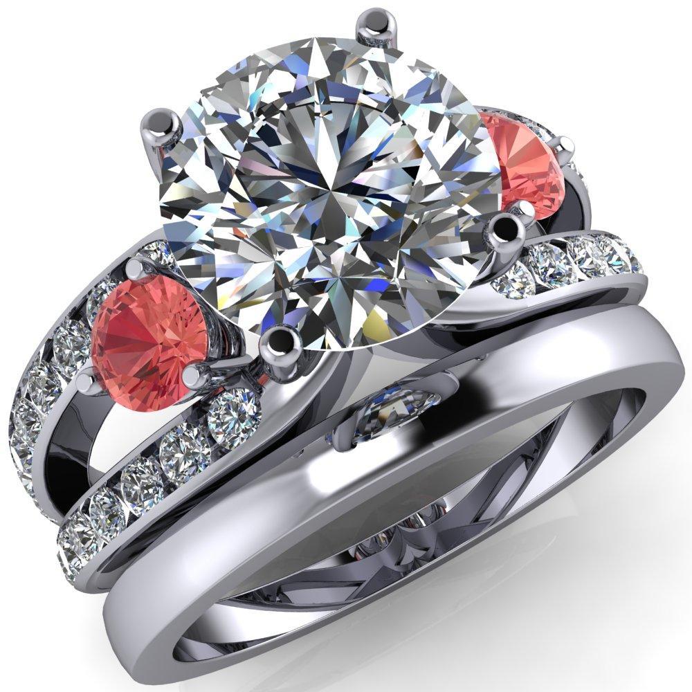 Orion Round Moissanite 2 Round Padparadscha Sapphire Sides Split Shank Diamond Channel Set Ring-Custom-Made Jewelry-Fire & Brilliance ®