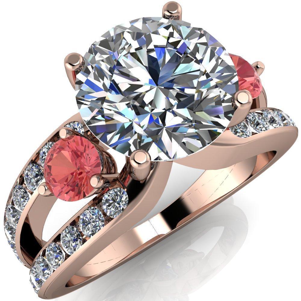 Orion Round Moissanite 2 Round Padparadscha Sapphire Sides Split Shank Diamond Channel Set Ring-Custom-Made Jewelry-Fire & Brilliance ®