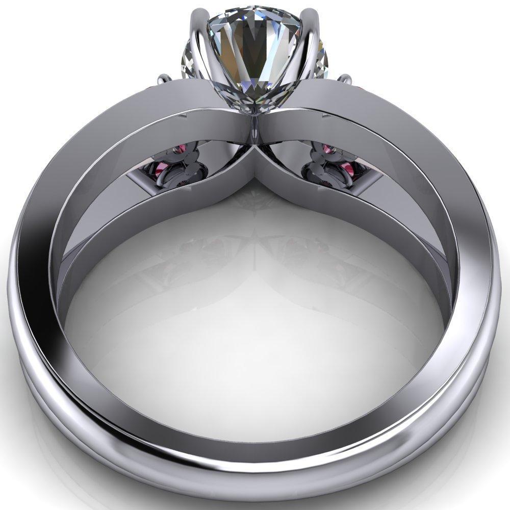 Orion Round Moissanite 2 Round Pink Sapphire Sides Split Shank Diamond Channel Set Ring-Custom-Made Jewelry-Fire & Brilliance ®