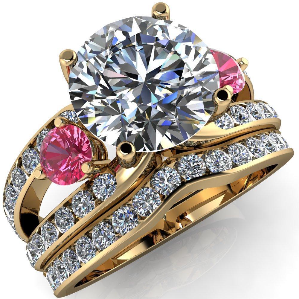 Orion Round Moissanite 2 Round Pink Sapphire Sides Split Shank Diamond Channel Set Ring-Custom-Made Jewelry-Fire & Brilliance ®