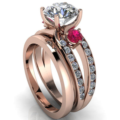 Orion Round Moissanite 2 Round Ruby Sides Split Shank Diamond Channel Set Ring-Custom-Made Jewelry-Fire & Brilliance ®
