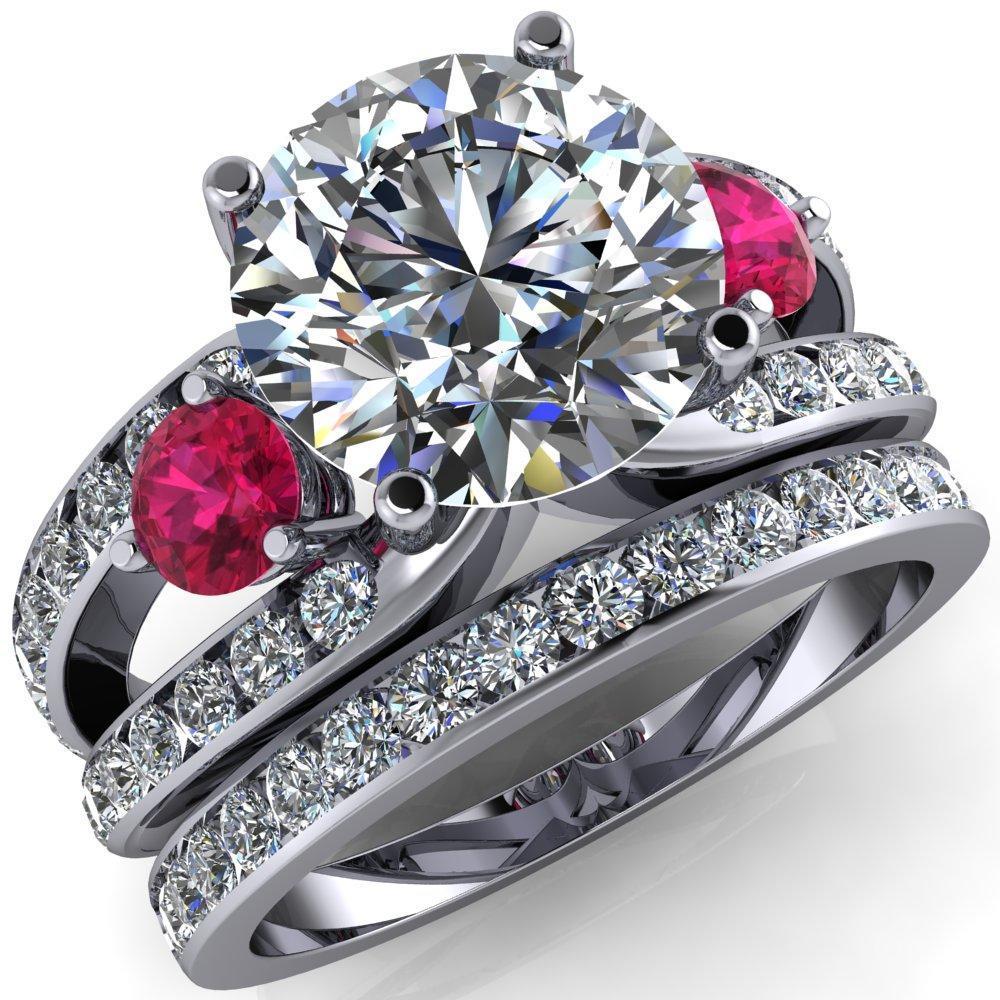 Orion Round Moissanite 2 Round Ruby Sides Split Shank Diamond Channel Set Ring-Custom-Made Jewelry-Fire & Brilliance ®