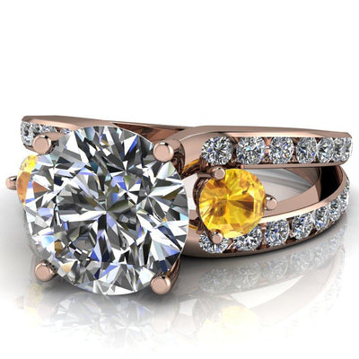 Orion Round Moissanite 2 Round Yellow Sapphire Sides Split Shank Diamond Channel Set Ring-Custom-Made Jewelry-Fire & Brilliance ®