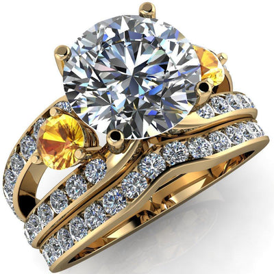 Orion Round Moissanite 2 Round Yellow Sapphire Sides Split Shank Diamond Channel Set Ring-Custom-Made Jewelry-Fire & Brilliance ®