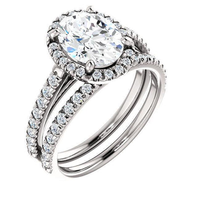 Oval Moissanite Diamond Accent Ice Halo Cathedral Ring-Custom-Made Jewelry-Fire & Brilliance ®
