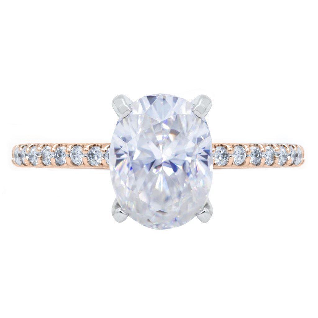 Oval Crushed Ice Moissanite Prongs Diamond Accent Ice Cathedral Solitaire  Ring