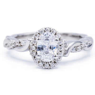 Oval Moissanite 14K White Gold Halo with Flushed Twist Diamond Shank Ring-Fire & Brilliance ® Creative Designs-Fire & Brilliance ®