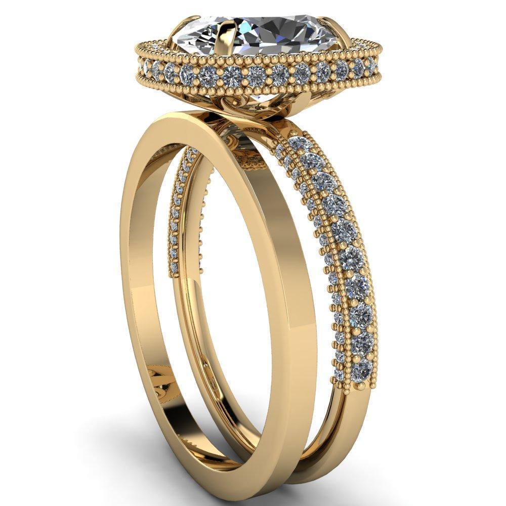 Paulina Oval Moissanite Half Eternity Milgrain Fleur de Lis Inspired Design Ring-Custom-Made Jewelry-Fire & Brilliance ®