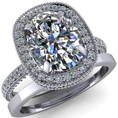 Paulina Oval Moissanite Half Eternity Milgrain Fleur de Lis Inspired Design Ring-Custom-Made Jewelry-Fire & Brilliance ®