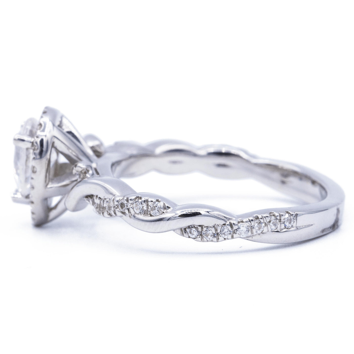 Pear Moissanite 14K White Gold Halo with Flushed Twist Diamond Shank Ring-Fire & Brilliance ® Creative Designs-Fire & Brilliance ®