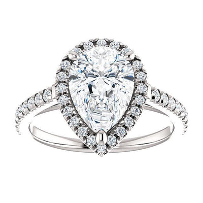 Pear Moissanite Diamond Accent Ice Halo Cathedral Ring-Custom-Made Jewelry-Fire & Brilliance ®