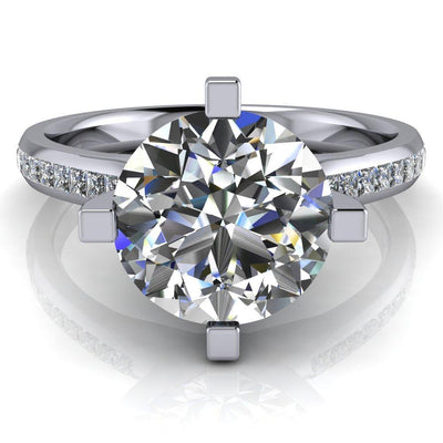 Perla Round Moissanite T Shaped 4 Prong Slim Pinched Diamond Shank Ring-Custom-Made Jewelry-Fire & Brilliance ®