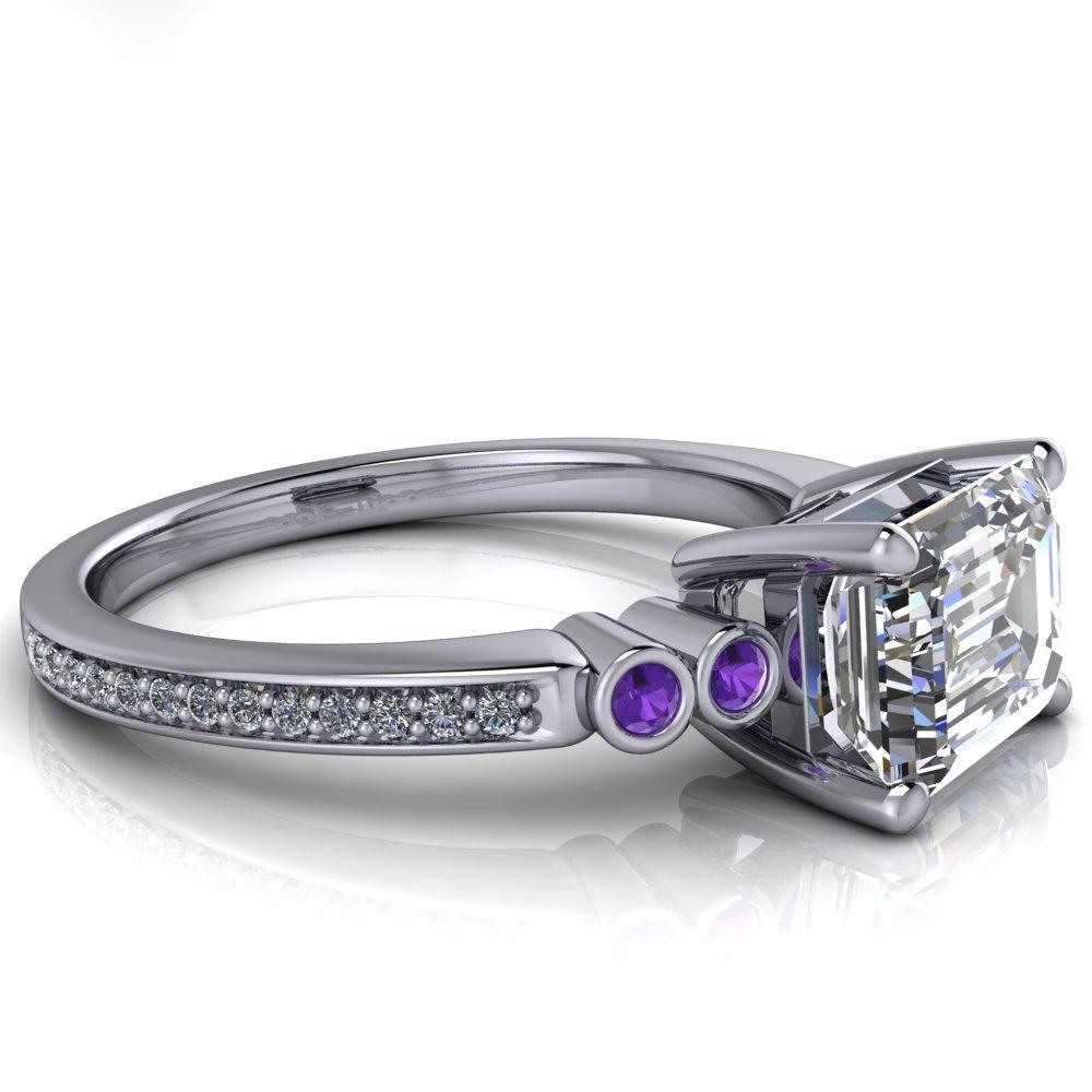 Philippa Emerald Moissanite 4 Amethyst Sides 4 Prong Under Bezel Multi Stone Engagement Ring-Custom-Made Jewelry-Fire & Brilliance ®