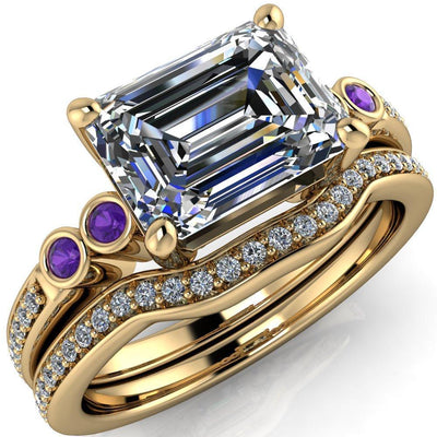 Philippa Emerald Moissanite 4 Amethyst Sides 4 Prong Under Bezel Multi Stone Engagement Ring-Custom-Made Jewelry-Fire & Brilliance ®
