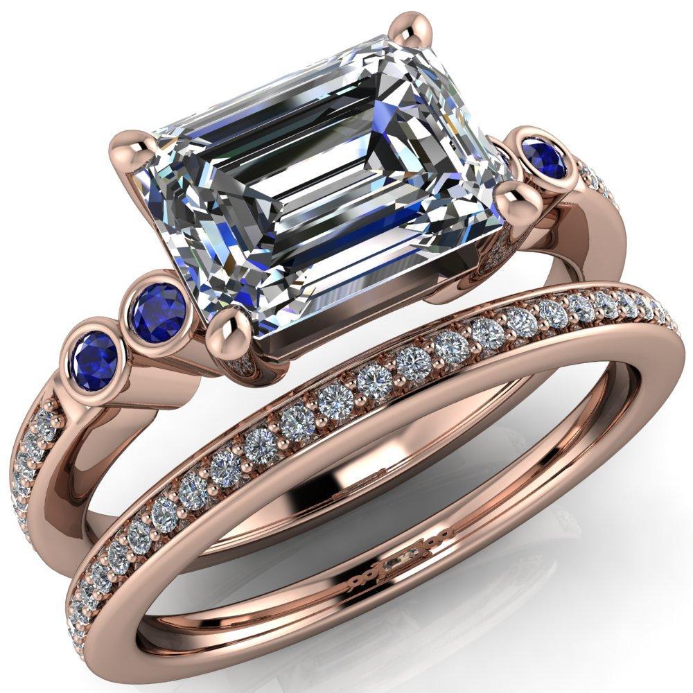 Philippa Emerald Moissanite 4 Blue Sapphire Sides 4 Prong Under Bezel Multi Stone Engagement Ring-Custom-Made Jewelry-Fire & Brilliance ®