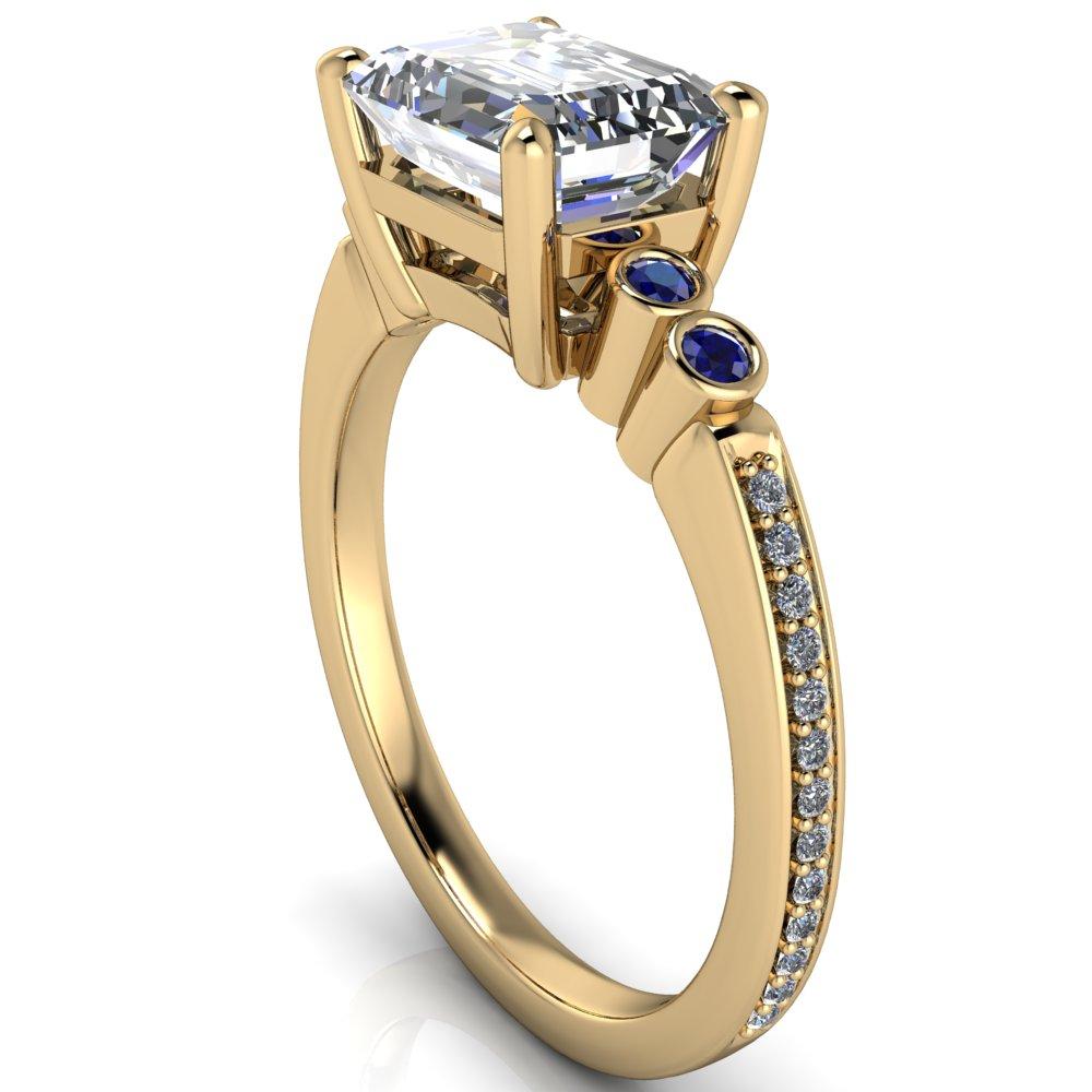 Philippa Emerald Moissanite 4 Blue Sapphire Sides 4 Prong Under Bezel Multi Stone Engagement Ring-Custom-Made Jewelry-Fire & Brilliance ®
