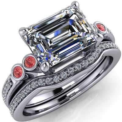 Philippa Emerald Moissanite 4 Padparadscha Sapphire Sides 4 Prong Under Bezel Multi Stone Engagement Ring-Custom-Made Jewelry-Fire & Brilliance ®