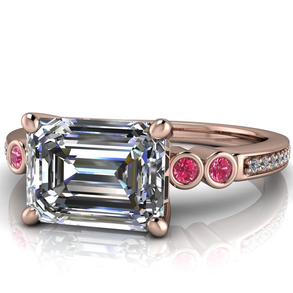 Philippa Emerald Moissanite 4 Pink Sapphire Sides 4 Prong Under Bezel Multi Stone Engagement Ring-Custom-Made Jewelry-Fire & Brilliance ®
