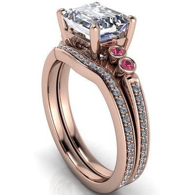 Philippa Emerald Moissanite 4 Pink Sapphire Sides 4 Prong Under Bezel Multi Stone Engagement Ring-Custom-Made Jewelry-Fire & Brilliance ®